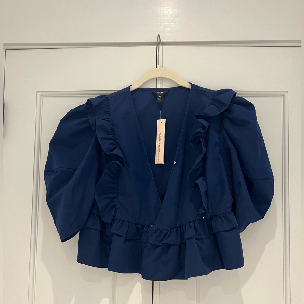Aqua Navy Ruffle Peplum V-Neck Top with Puff Sleeves